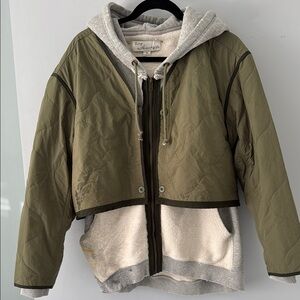 Olive Green Quilted Jacket with Gray Hoodie